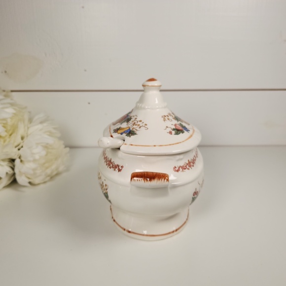 Small Vintage Porcelain Soup Gravy Tureen Dish w/ Lid & Ladle, Japan, Fall Fruit - Picture 2 of 10